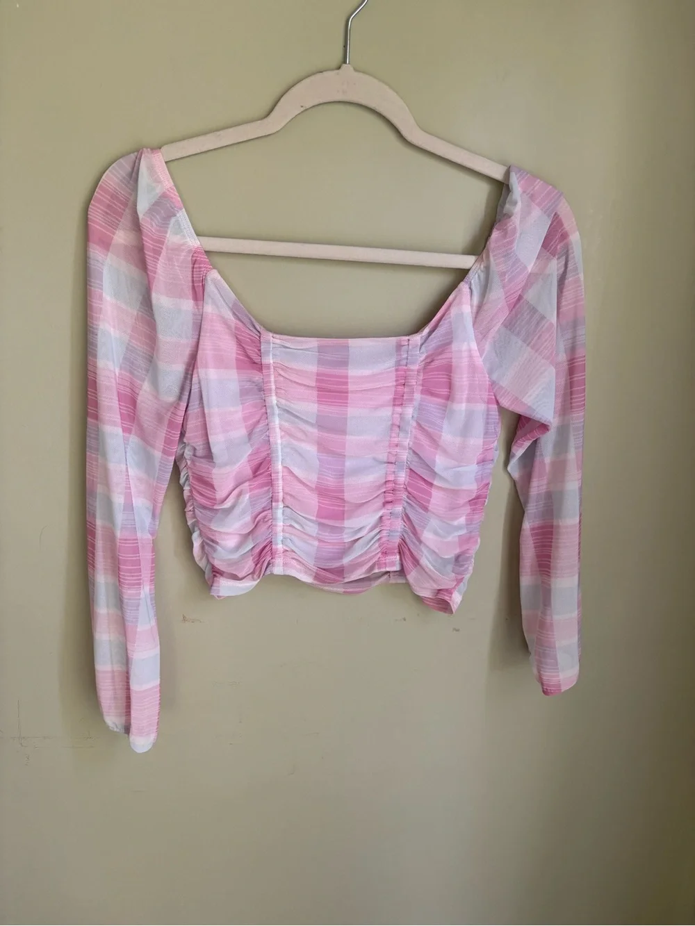 NWT BCBG Generation Mesh Gingham Top in Madras Plaid. Pastel pinks/blues. Size M - Picture 7 of 16